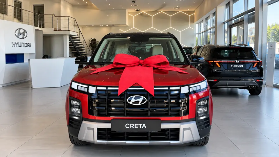 Hyundai Creta com laço vermelho preparada para entrega num concessionário